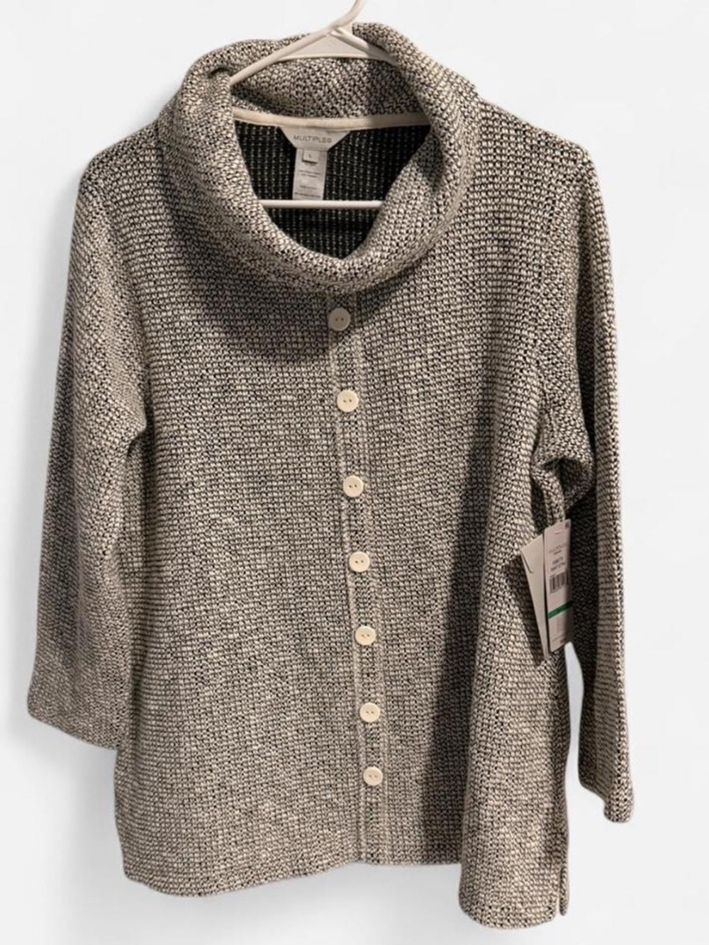 Multiples Taupe Button-Front Cowl Neck Sweater